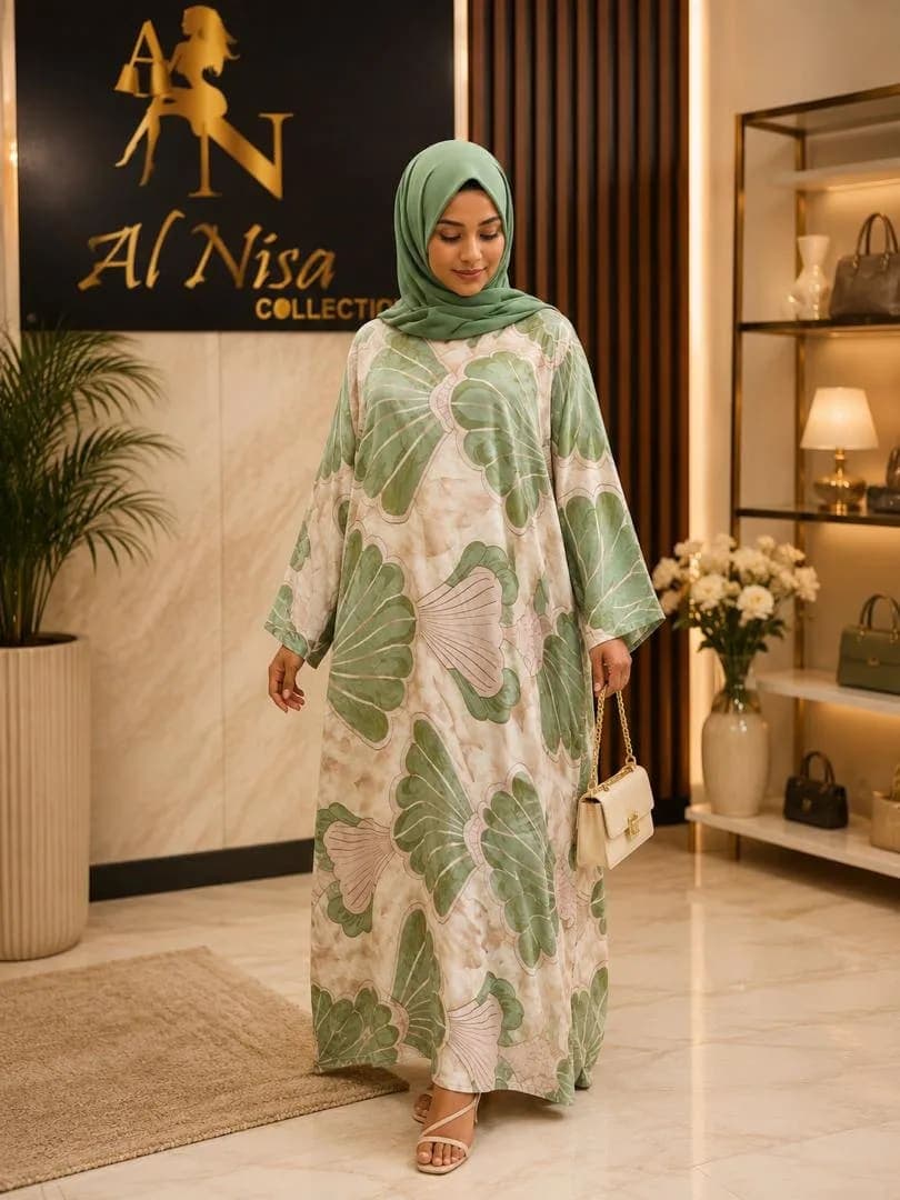 Robe Kaftan Al Nisa – Imprimé Coquillages Vert Sauge